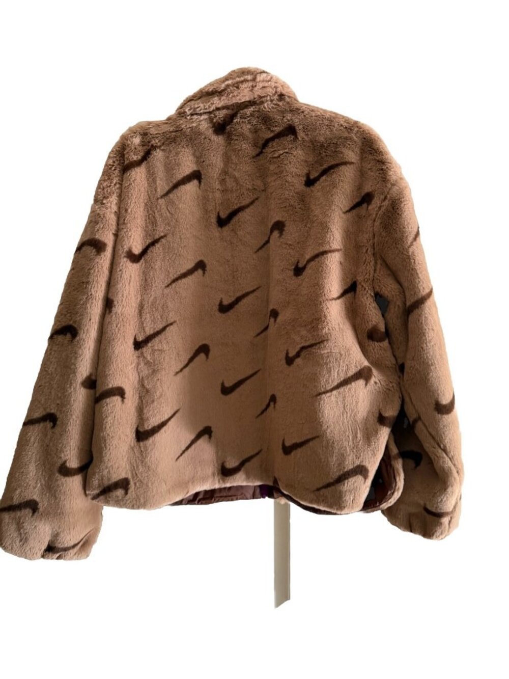 Nike Logo Faux Fur Jacket Brown Tan Size Large NEW W/TAGS - Picture 2 of 10